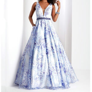 Clarisse Floral Organza Ball Gown Plunge Neck Open Back Beaded Belt Purple 4